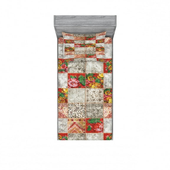 Floral Bedding Set with Sheet & Covers, Grunge Design Patchwork Style Peonies and Oriental Ornaments, Printed Bedroom Decor 2 Shams, 4 Sizes, Taupe Grey Multicolor, by Ambesonne