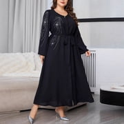 AURA Plus Size Rhinestone Maxi Dress Long Sleeve Elegant Commuting Polyester Long Skirt 0XL 4XL Black