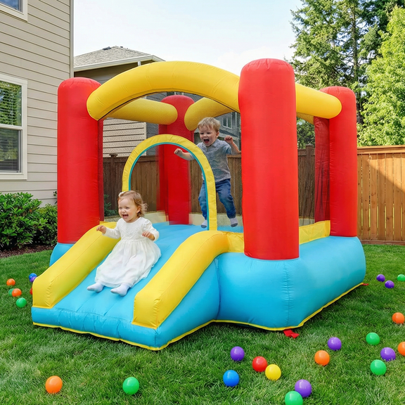 Toiyjofe Toddler Bounce House with Slide, Mini Inflatable Bouncy Castle for Kids Ages 1–3, Small Indoor Outdoor Bounce House with Blower, 78 x 56 in