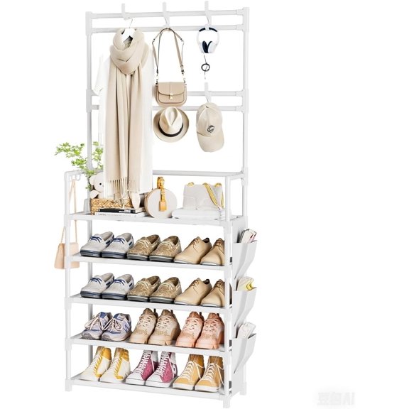 Shoe Rack 5 Tier Shoe Organizer Storage 15-20 Pairs Shoes Rack for Closet Entrance Shoe Rack Organizer with Hooks and Side Pocket Entryway Shoe Holder Space Saving Free Standing Shoe Racks