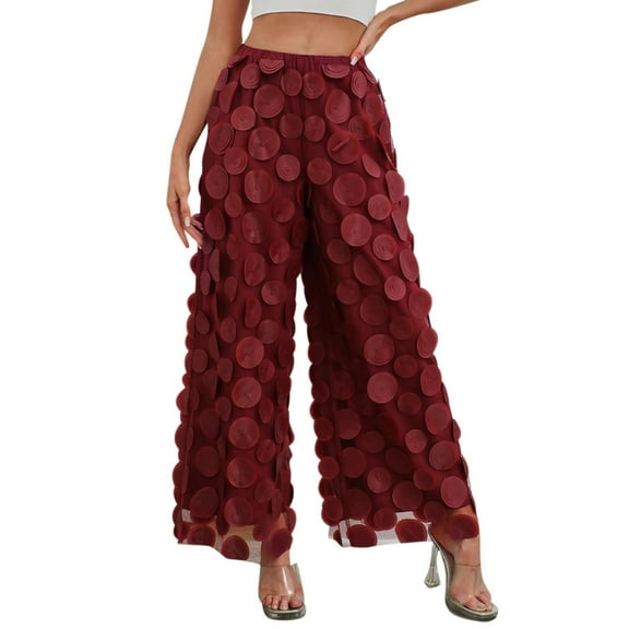 Women's Elegant Polka Dot Lace Trimmed Straight Leg Casual Pants