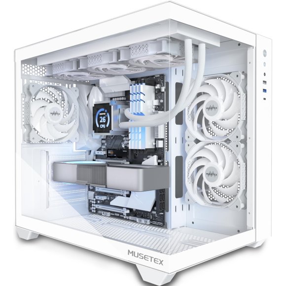 Funda para PC MUSETEX Y6 ATX Mid Tower con 3 ventiladores de 120 mm, color blanco