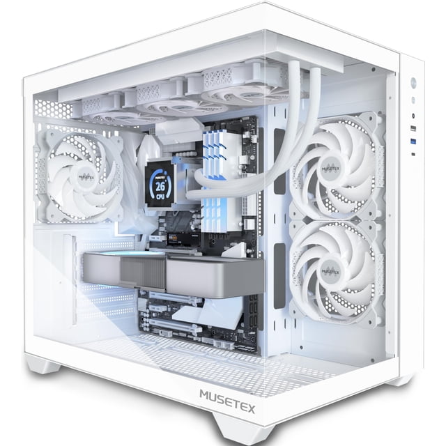 Funda para PC MUSETEX Y6 ATX Mid Tower con 3 ventiladores de 120 mm, color blanco