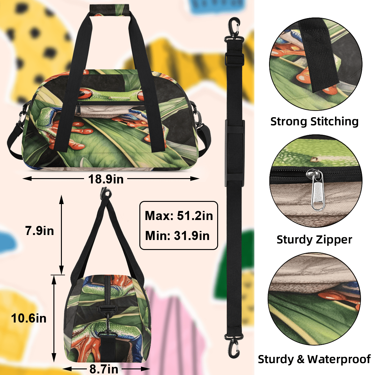 Herdesigns Forest Tree Frog Sports Duffle Bags Travel Duffle Bag Gym Bag Animals Palm Leaves Weekender Travel Bag Waterproof Overnight Bag Carry On Travel Tote Bag Dance Bags