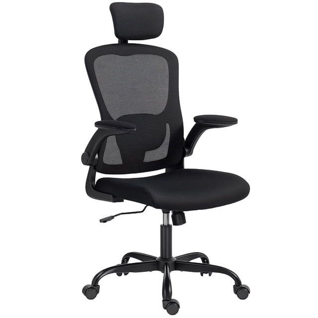 Ergonomic Mesh Office Chair with Adjustable Headrest & Lumbar Support - Black Task Desk Chair for Home Office, Dorm & Study - Space-Saving Design