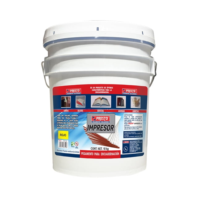 pegamento para encuadernacion cubeta con 18 kgs presto, cubeta frontal con etiqueta roja y azul que muestra el logo Presto e indicación 'IMPRESOR', para encuadernación y formación de blocs de hojas desprendibles; vista centrada de la cubeta con tapa y asa, a menudo usado en talleres de papelería y artes gráficas.