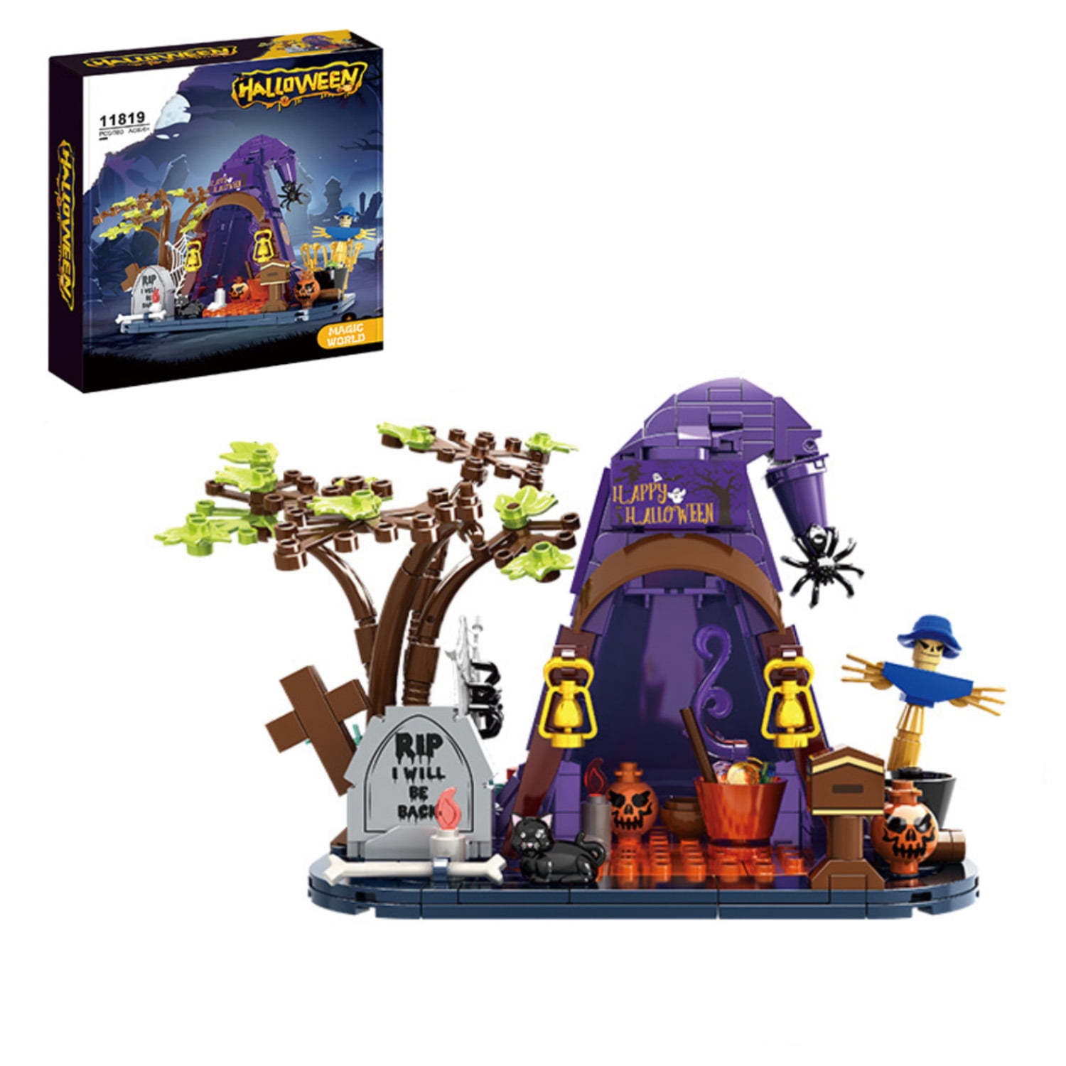 384pcs Halloween Tent Haunted House Building Blocks Set, with Tombstone, Cross, Scarecrow, Ghost Pumpkin, , STEM Toy Halloween Gift for Kids 6+