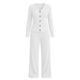 thumbnail image 6 of Women's 2 Piece Casual Knit Set V Necklinen Full Buttom Down Top Wide Leg Pants Casual Suits for Fall White XL, 6 of 6