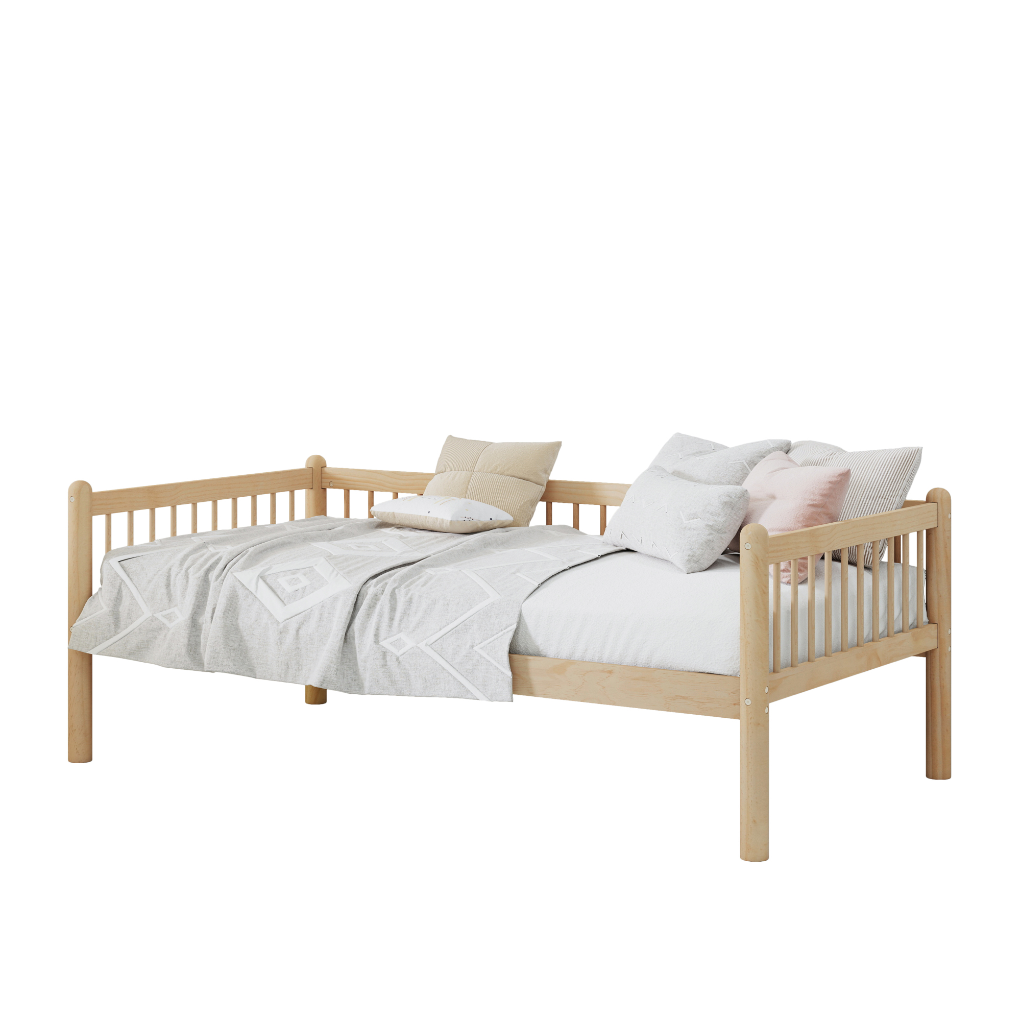 HOQBN Twin Size Pine Wood Daybed, Sofa Bed Frame with 3-Side Guardrails and 10 Support Slats for Bedroom, Natural