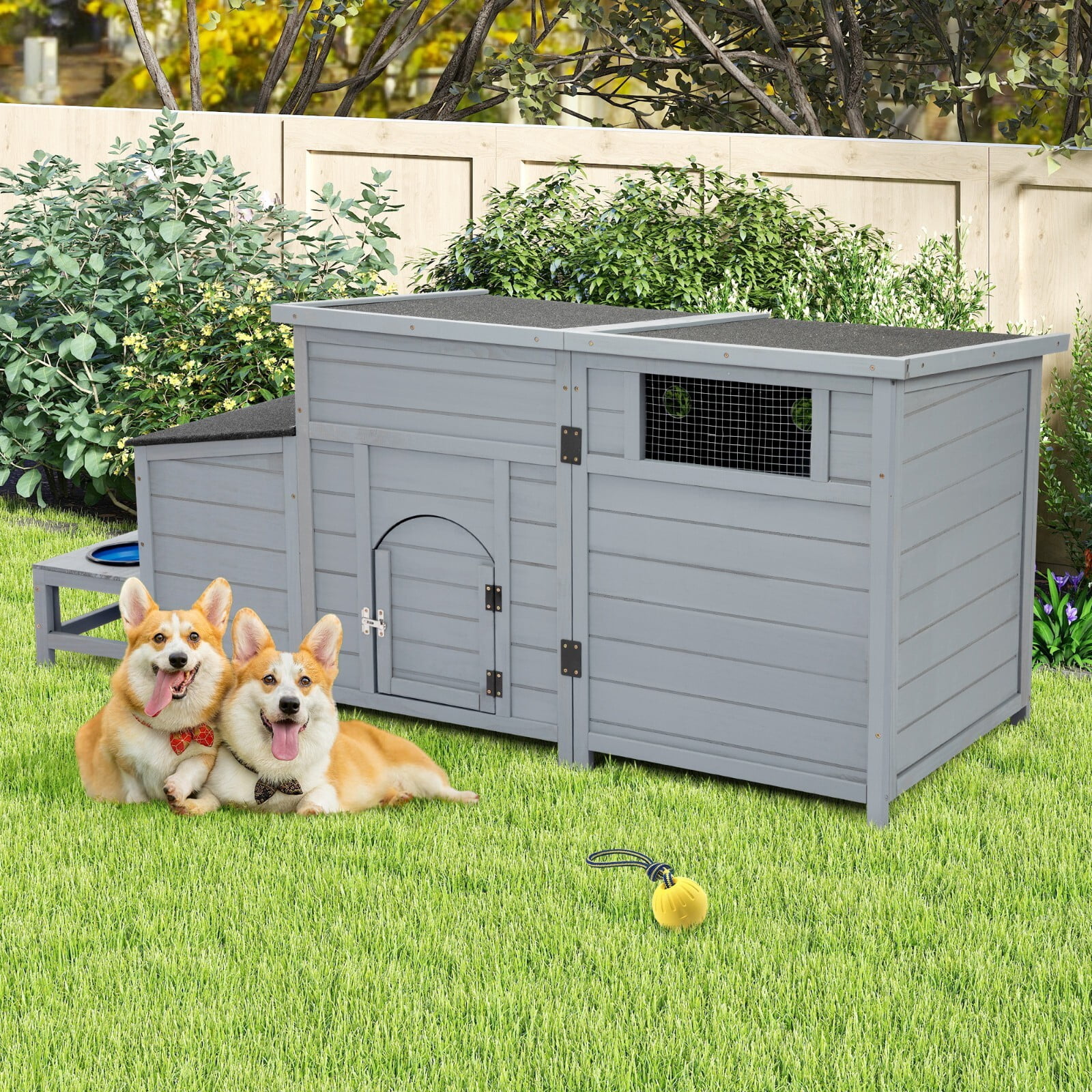 Anwickjeff Dog House Wooden Outdoor Dog Kennel with Food Bowls and an Open Roof