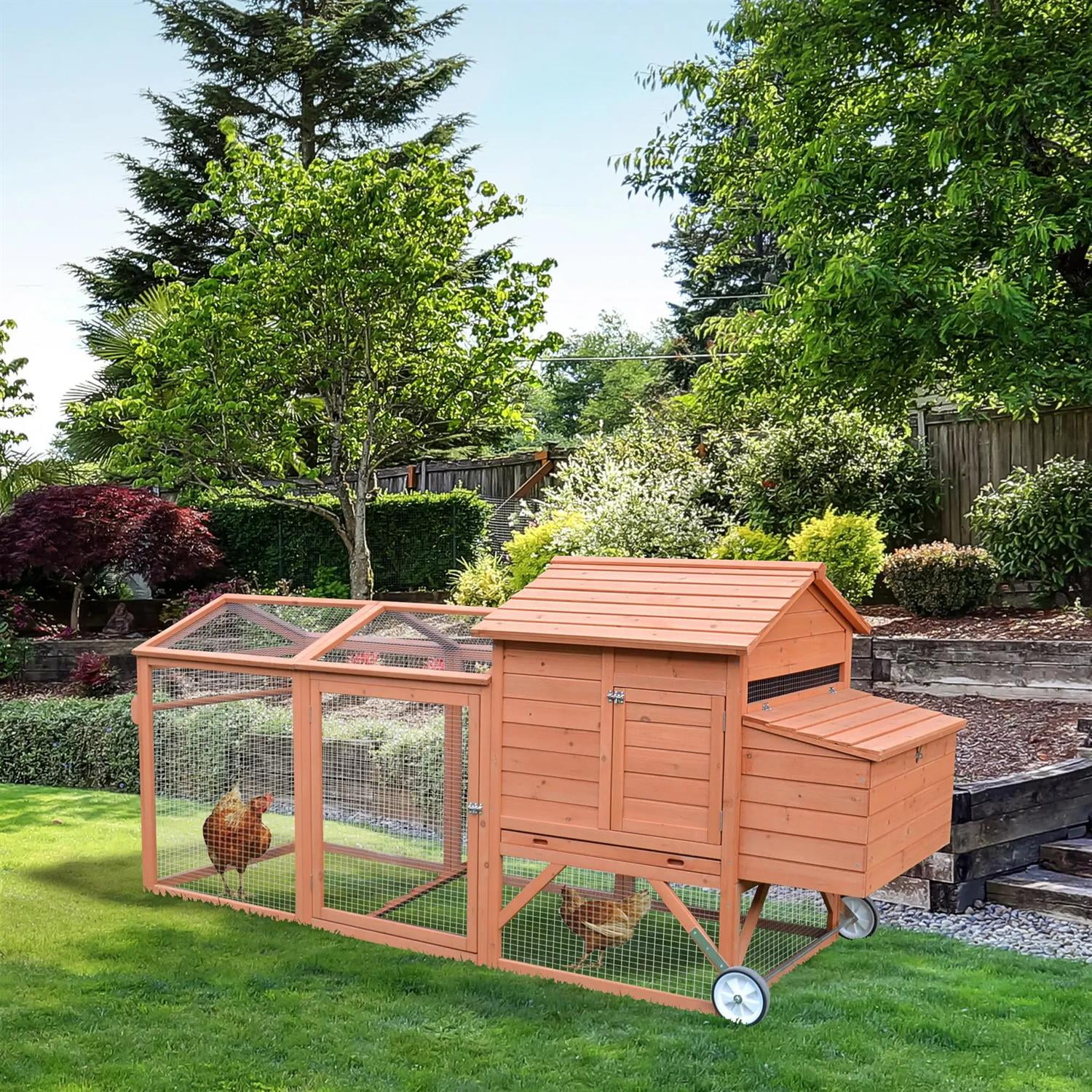 Pefilos 96" Chicken Coop Rabbit Hutch, Outdoor Wooden Poultry Cage Hen House with Nesting Box, Run, Wheels for Garden Backyard, Orange