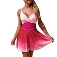 thumbnail image 5 of larppty Women One Piece Swimdress V Neck Color Block Swimsuit Bathing Suit Tummy Control Wrap Ruffle Swim Dress Swimwear (Hot Pink, L), 5 of 7