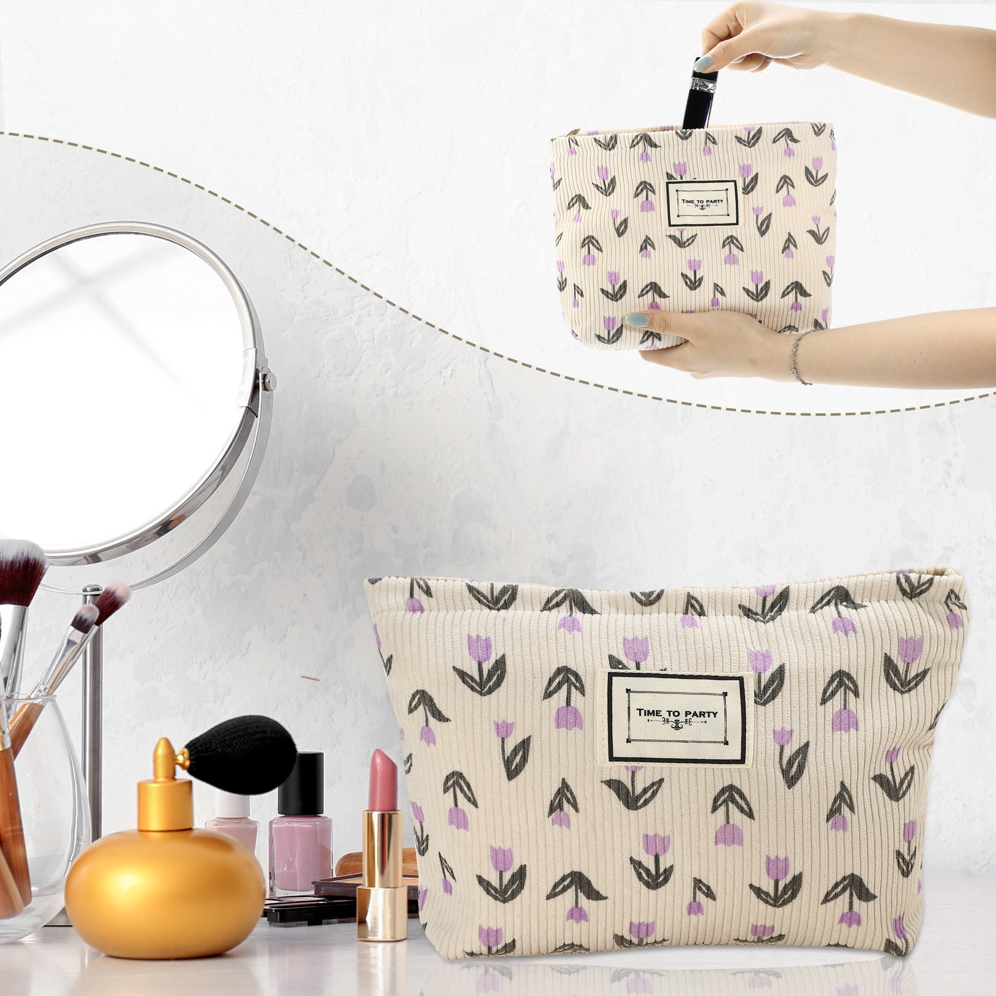 Unique Bargains Floral Makeup BagLarge Capacity Cosmetic Pouch Beige Purple