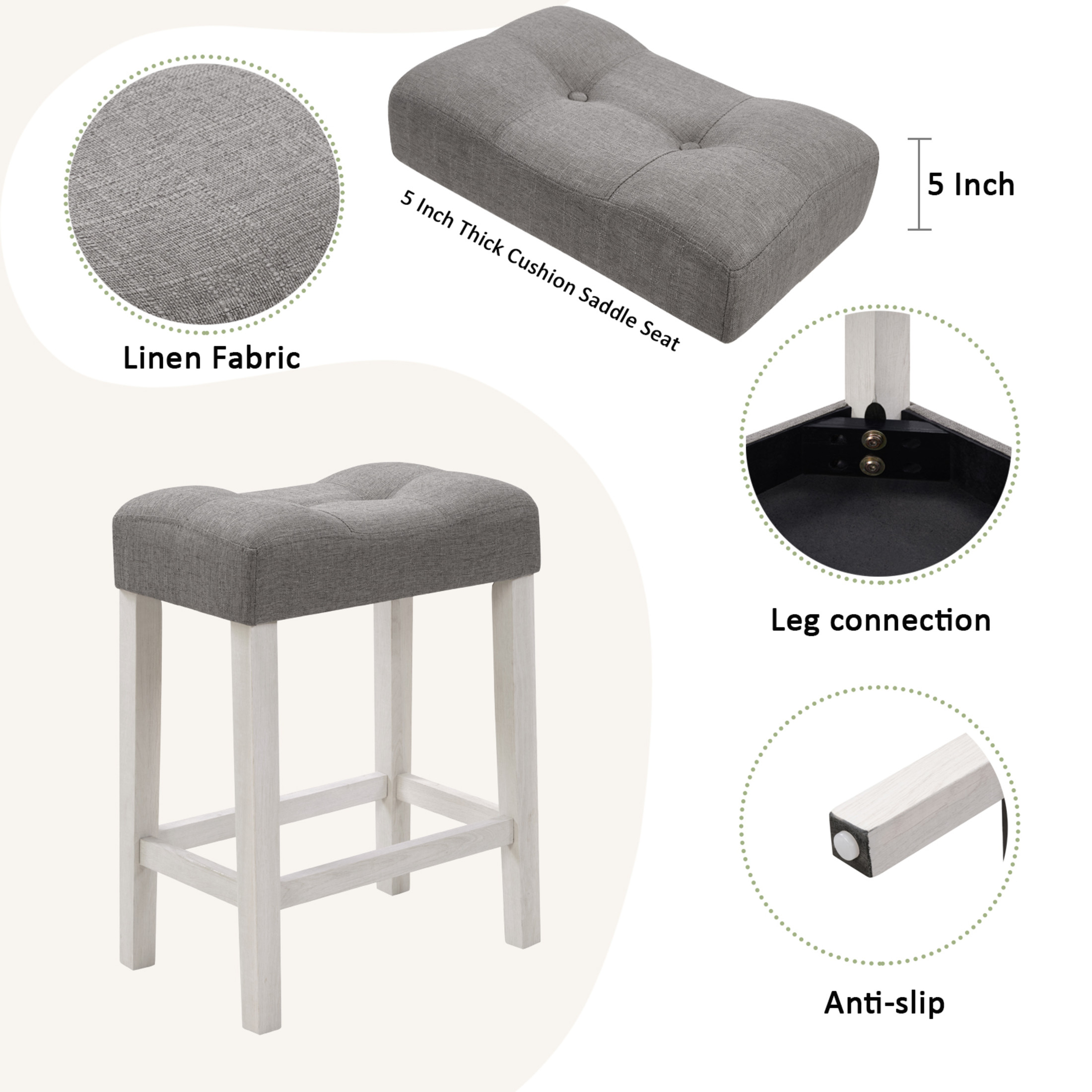 Noble House 35.5"H Dining Bar Table Set with Power Outlet, Upholstered Counter Stools for 3, Gray+White Finish