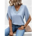 thumbnail image 4 of Work Office Blouses for Women Lace Crochet V Neck Elegant Tshirts Solid Bell Sleeve Basic Tops Casual Summer Tunics, 4 of 7