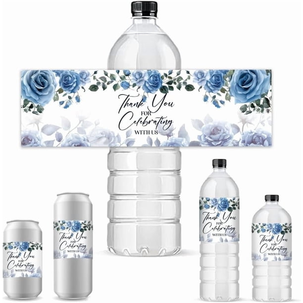 30 etiquetas para botellas de agua con rosas azules. Pegatinas de agradecimiento.