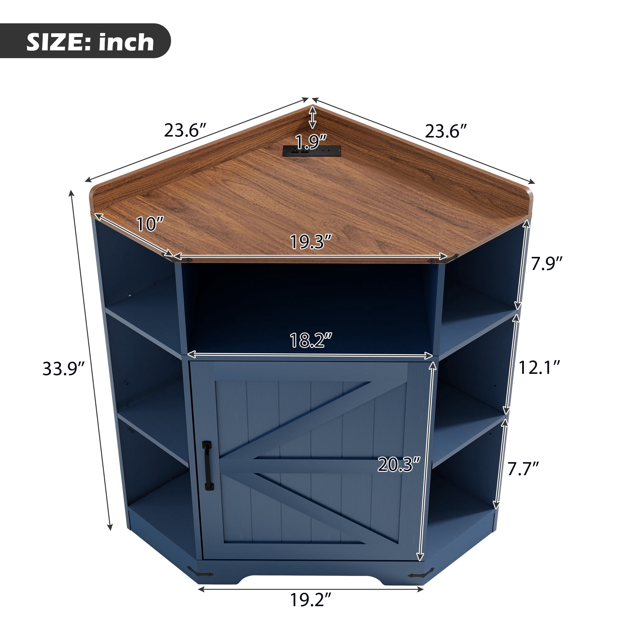 Corner Storage Shelf Cabinet with USB Ports and Outlets, 6-Cubby Wooden Bookshelf and Display Organizer for Small Spaces and Study, Blue and Brown