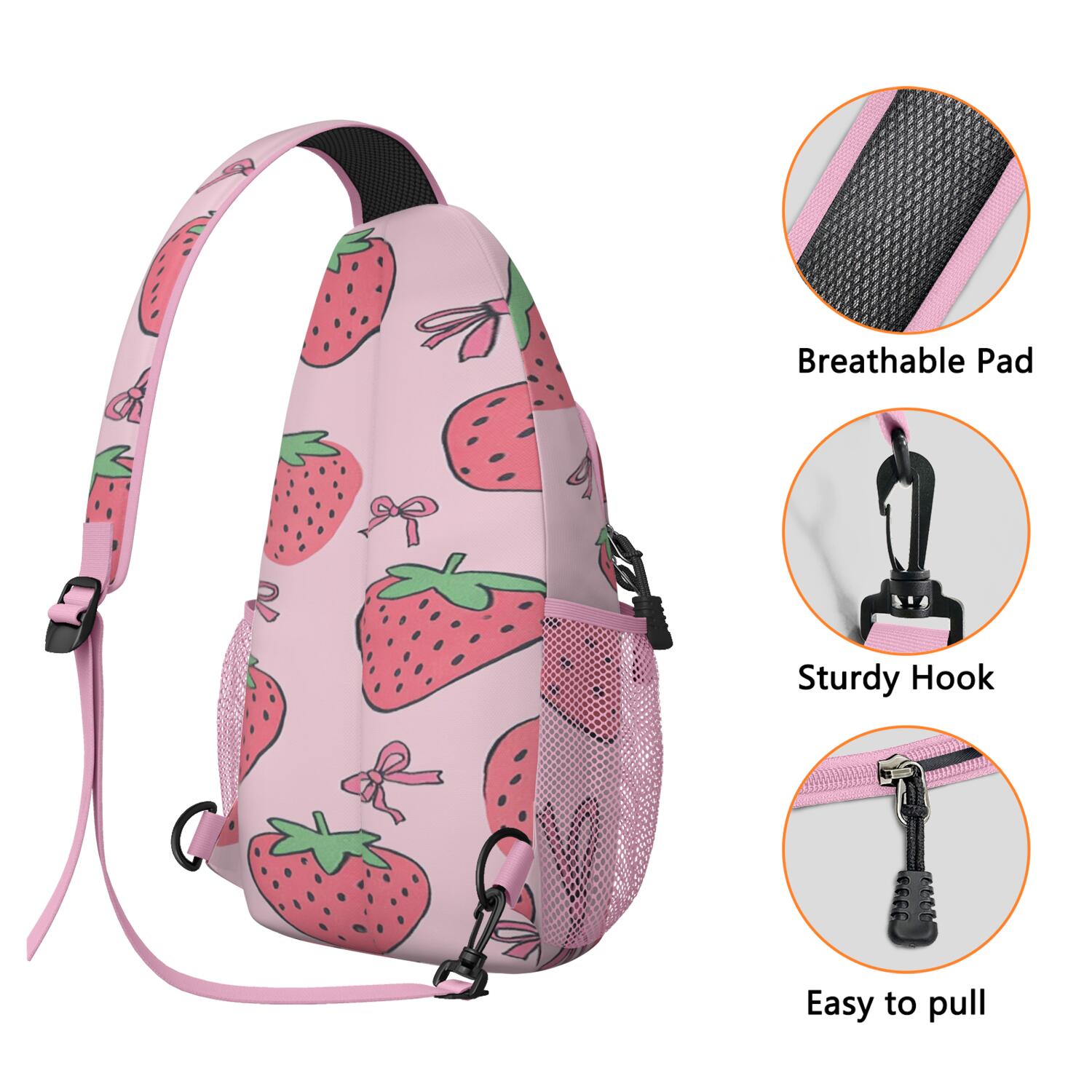 Chest Bag Crossbody Shoulder Bag Adjustable Shoulder StrapTravel Sling Bag for Hiking Dating Gym Cycling Working Strawberry Bow