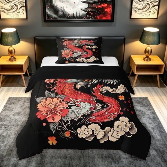 meiyoeat Ink Peony Dragon Twin Comforter Sets for Boys, Vintage Japanese Style Bedding Set, Black Red, Black Reversible, 2pcs, 1 Comforter and 1 Pillowcase