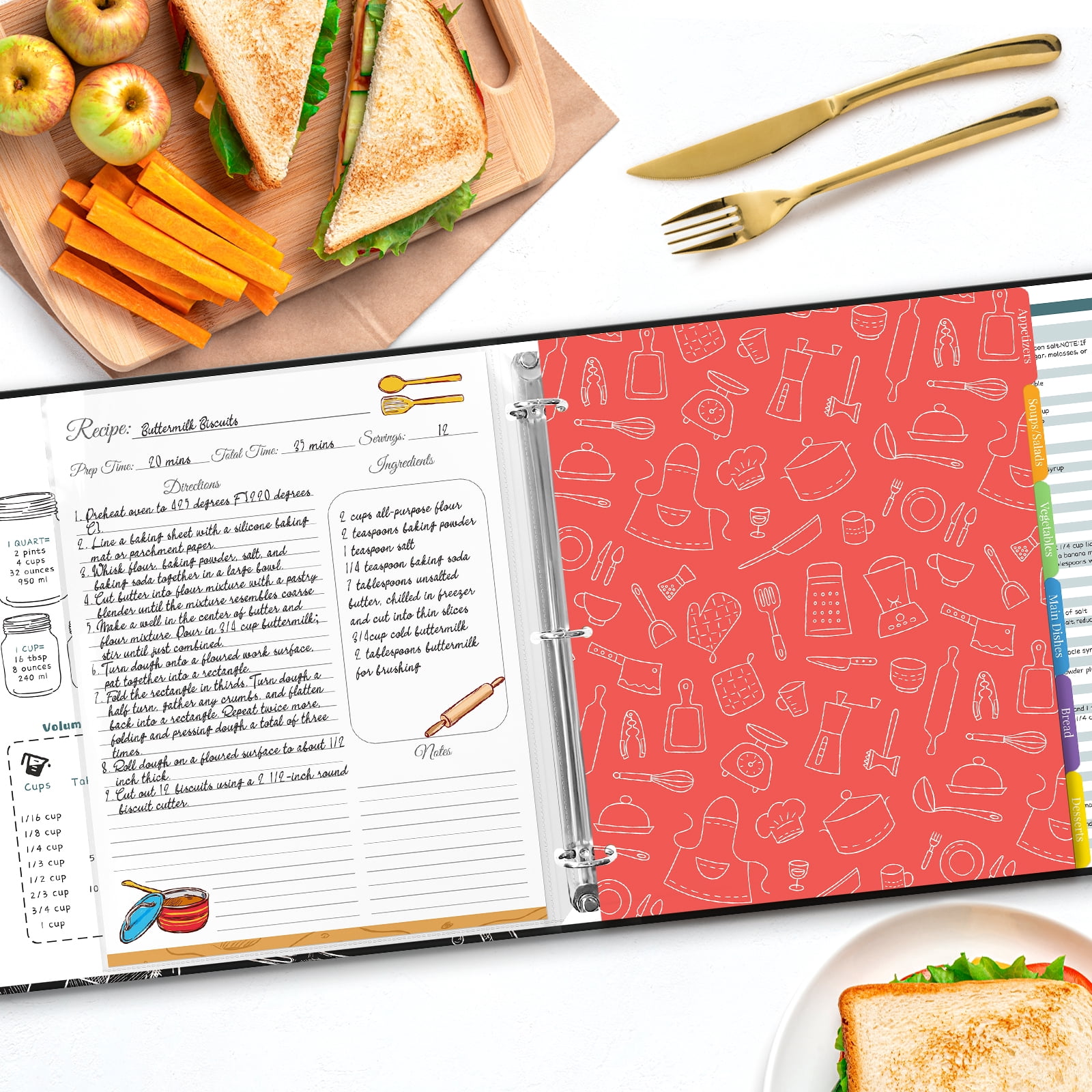 Recipe Binder 8.5x11 3 Ring with Plastic Sleeves & 30 Blank Full-Page Recipe Cards, Cookbook Binder to Write in Your Own Recipes (Blackboard Painting)