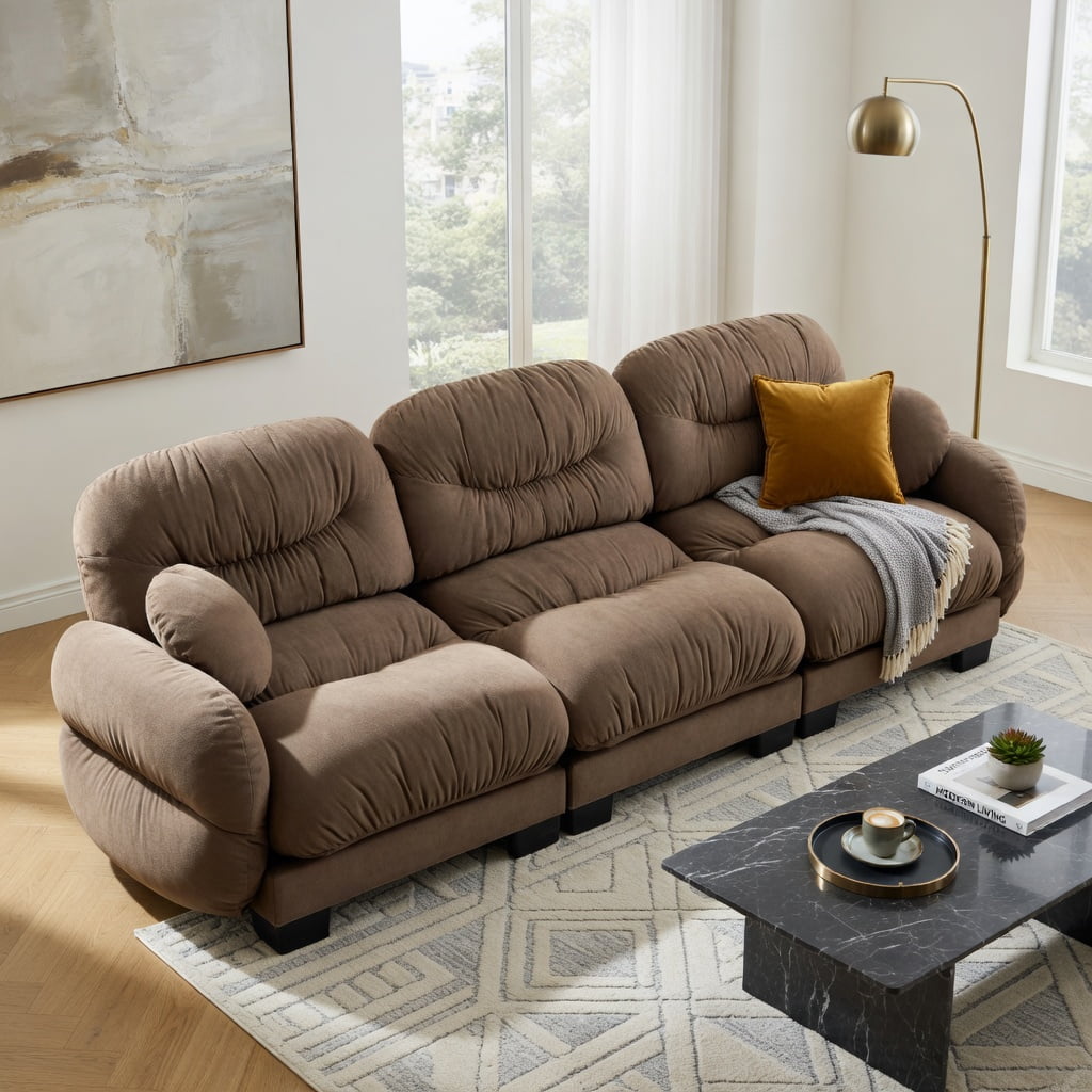 Hommoo Chenille 3-Seater Modular Sofa with Pleated Back Design, Ergonomic High-Density Foam Cushions & Curved Armrests, Includes 2 Round Throw Pillows, Brown