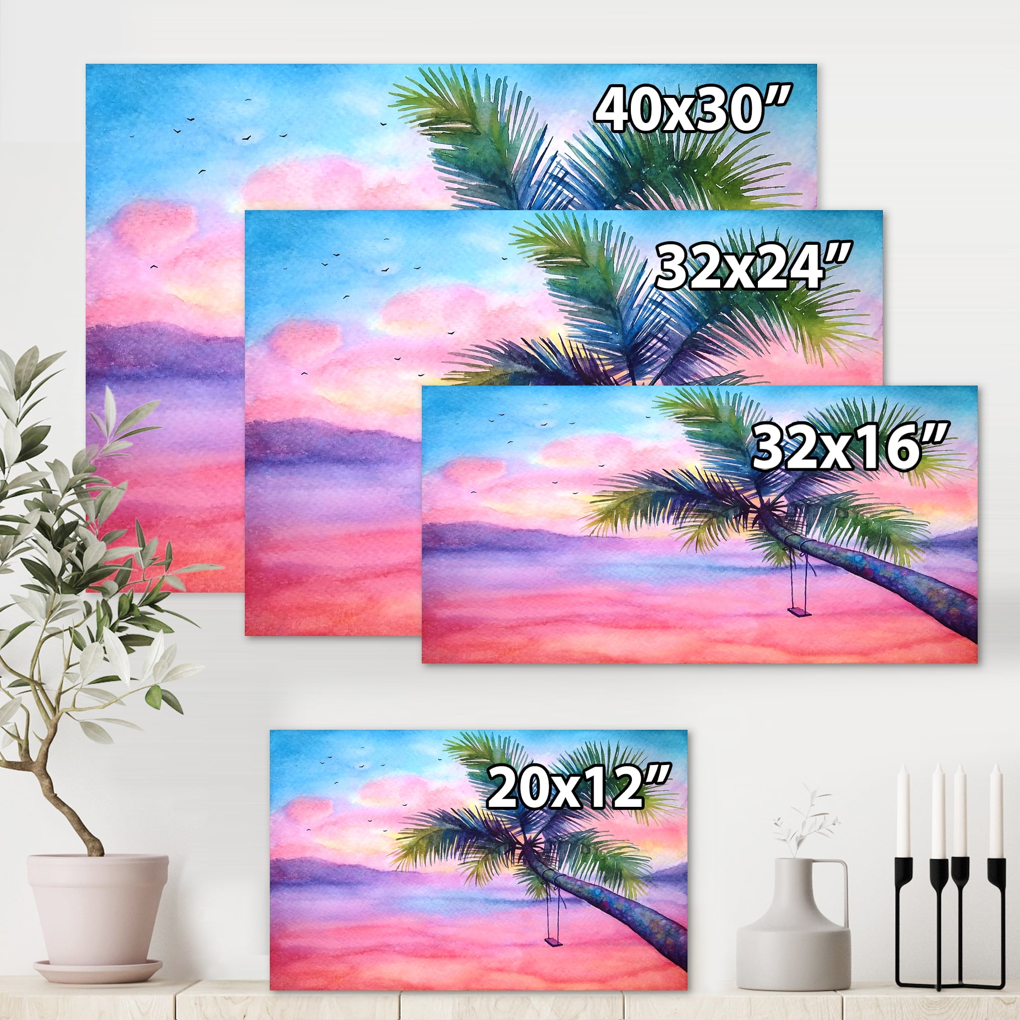 Designart ' Vivid Sunset Landscape With Swing and Palm ' Nautical & Coastal Canvas Wall Art Print