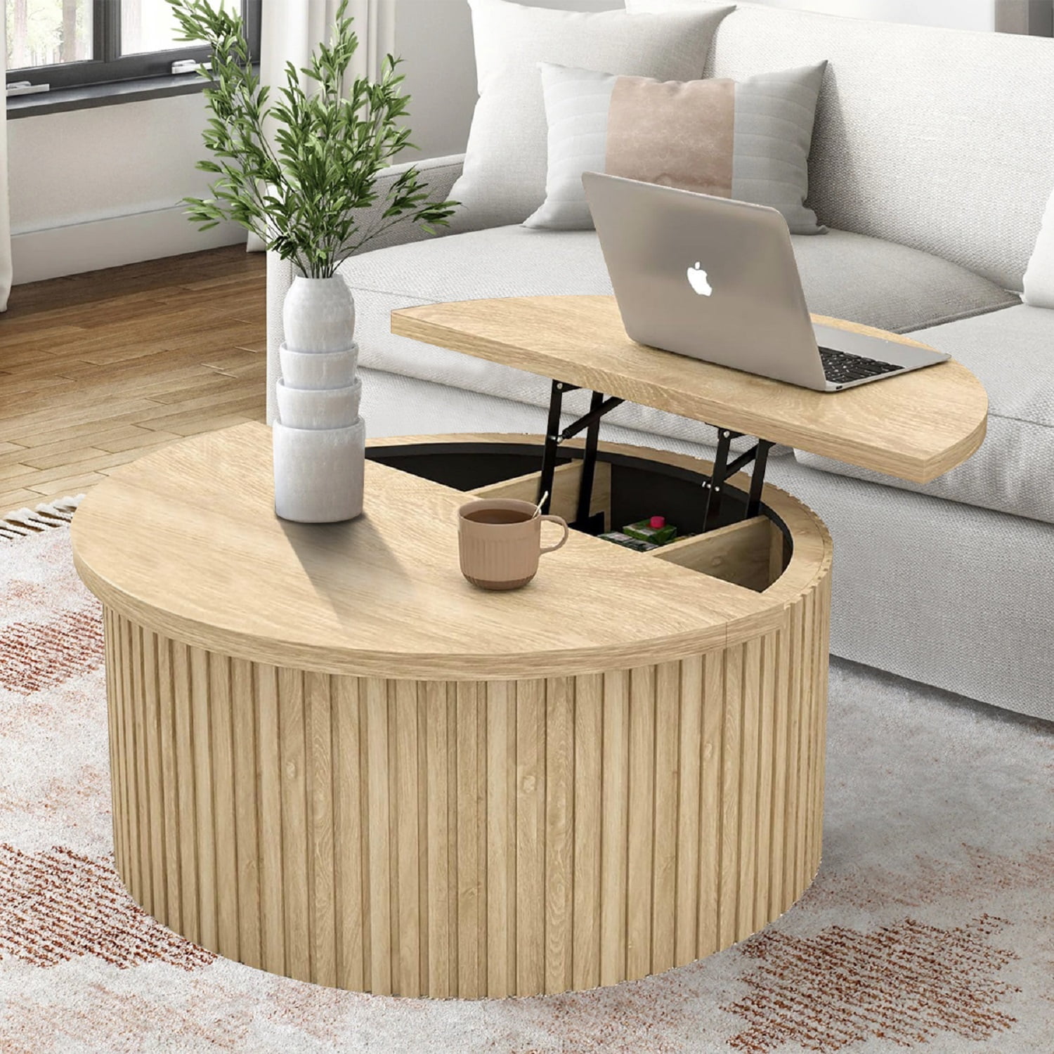 Round Coffee Table for Living Room, Farmhouse Lift Top Coffee Table, Fluted Center Table with Storage (Wood)