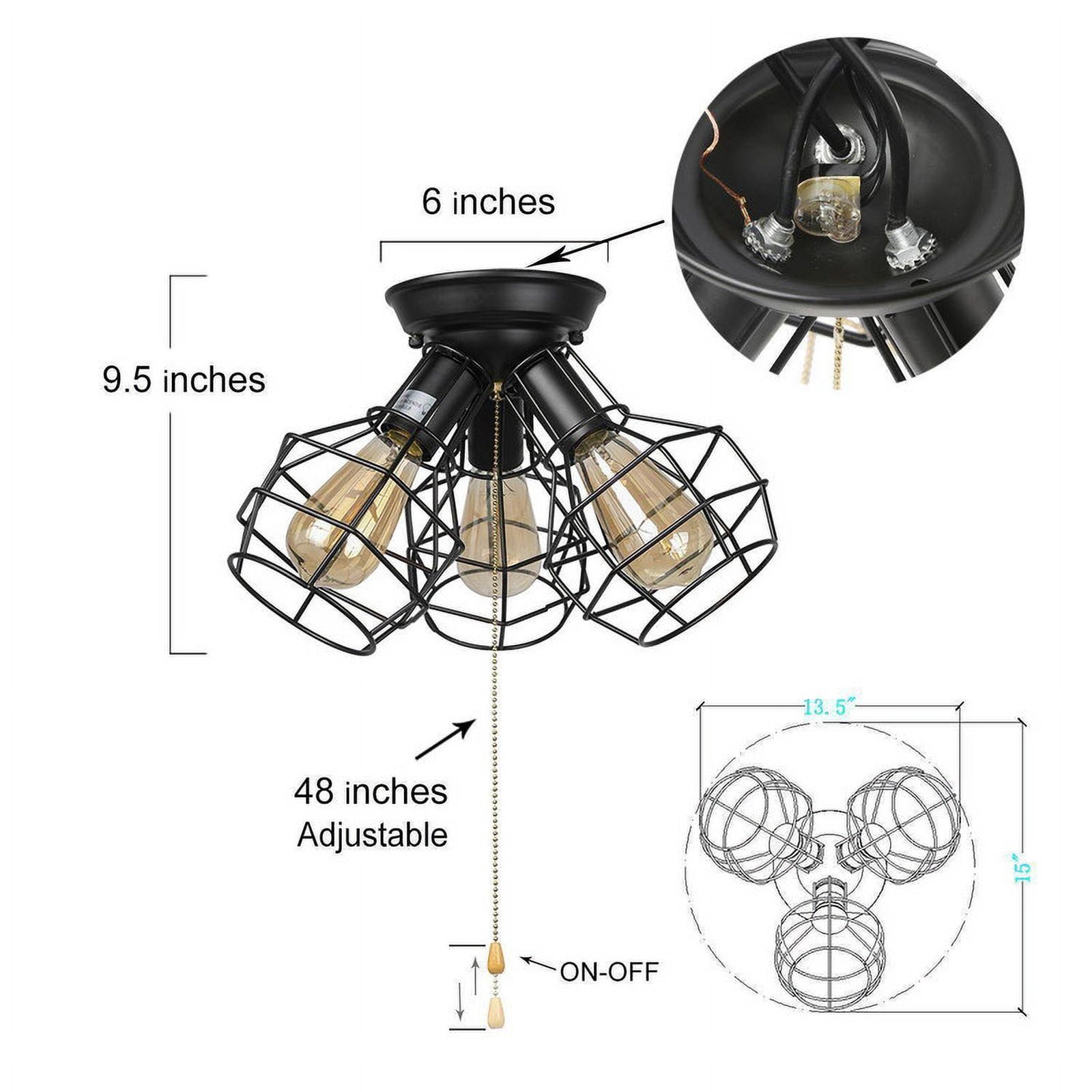 LNC Industrial Flush Mount Ceiling Light, 15" Black 3-Light Fixture with Cage & Pull Chain
