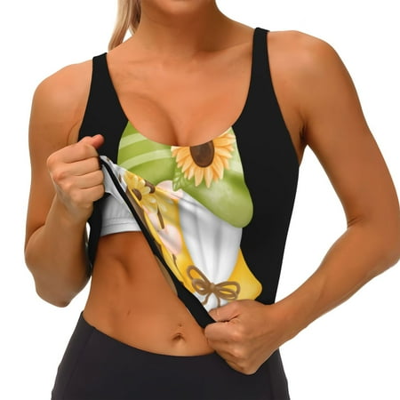 Qokaie Sunflower Gnomes Pattern Womens Scoop Neck Sports Bra Breathable Workout Vest Padded U Back Medium Impact Fitness Gym Yoga Bra Workout Crop Top