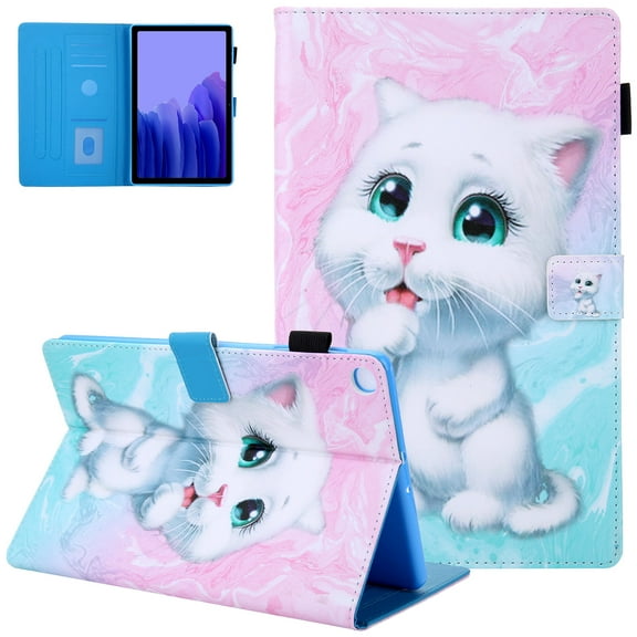 For Samsung Galaxy Tab A7 Lite Case 8.7" Model SM-T220/T225, Multi-Angle Folio Stand Magnetic Leather Cover with Card Slots & Pencil Holder - White Cat