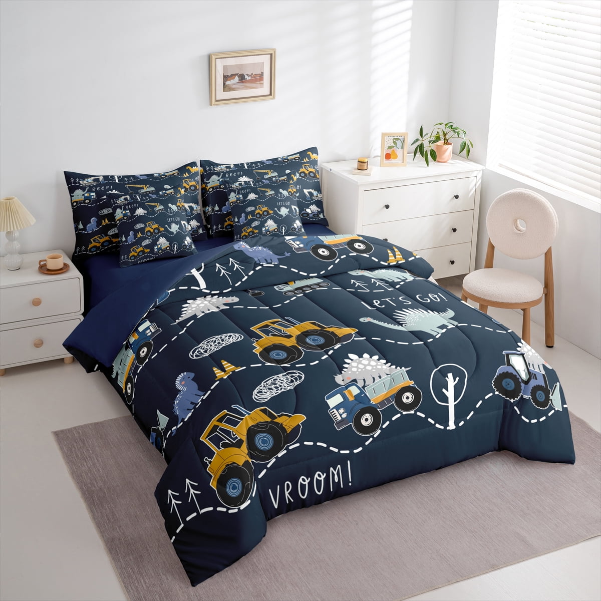 Homewish Cute Cartoon Dinosaur 7pcs Bedding Comforter Set,Cartoon Truck Queen Bedding Sets,Deepblue Gray Yellow Queen Sheet Sets For Teens Kid,Luxury Bedroom Decor Reversible