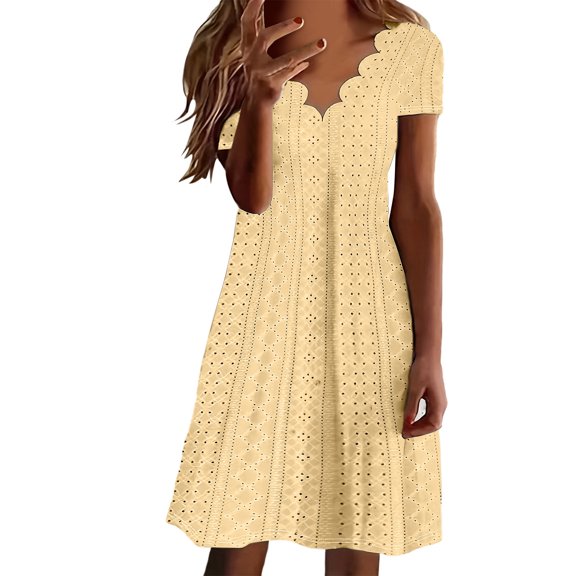 Lenpel Womens Summer Boho Dresses Fashion Eyelet V Neck Short Sleeve Knee Length Sundresses Casual Loose Dresses