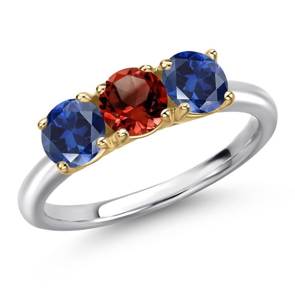 Gem Stone King 925 Silver and 10K Yellow Gold Red Garnet and Blue Created Sapphire Engagement Ring for Women | 1.75 Cttw | Round 5MM | Gemstone January Birthstone | Size 7