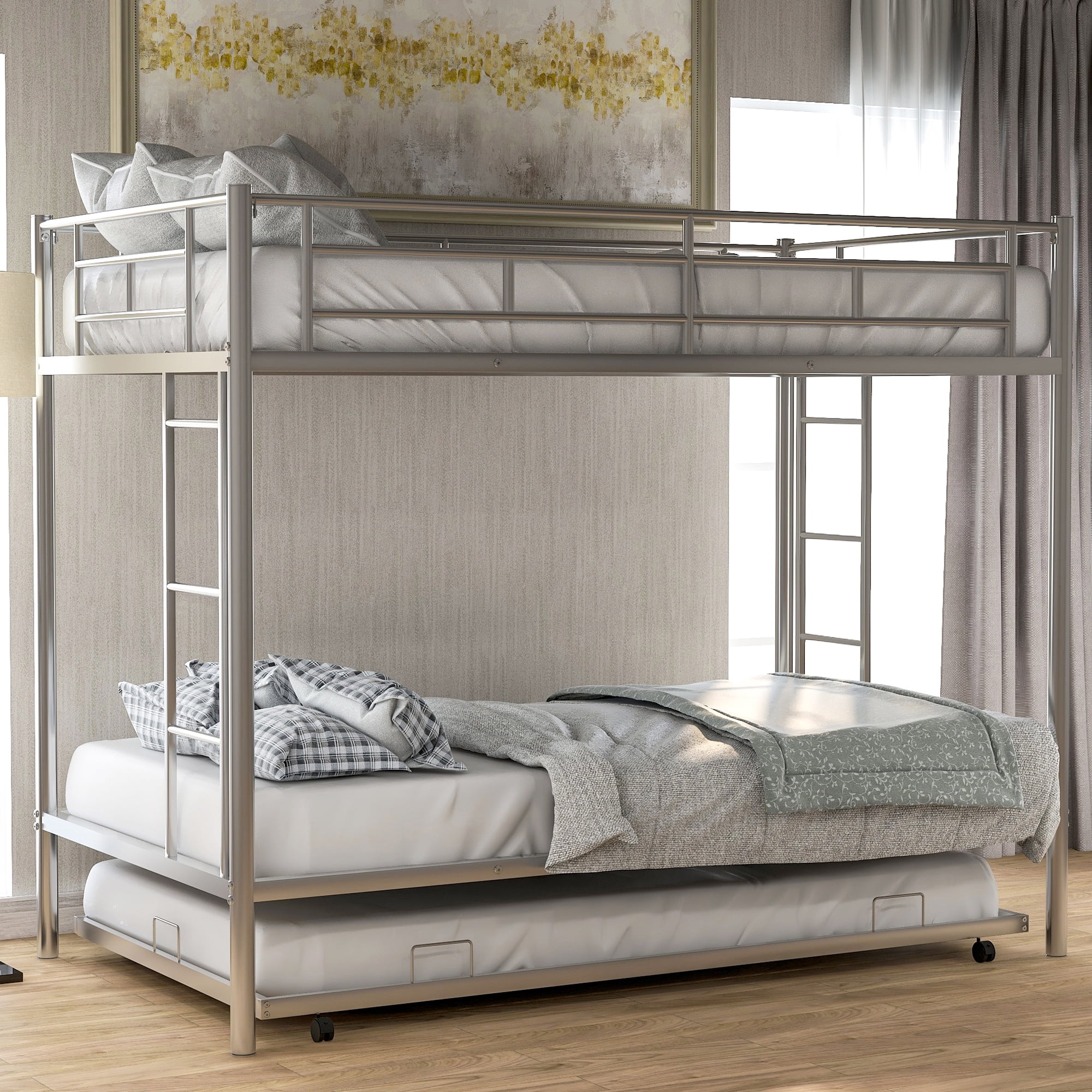 Euroco Modern Metal Twin over Twin Bunk Bed with Trundle for Kids Teens, 3 Twin Size Beds, Solid Ladder and Safety Guardrails, Silver
