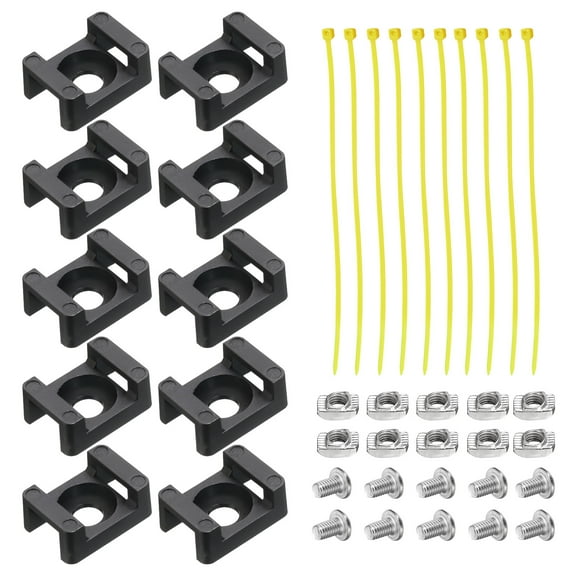 Cable Tie Base 6.5mm Hole Dia Saddle Type 20 Series Aluminum Extrusion with M5 Screws, Nuts, Ties Black 10Pcs