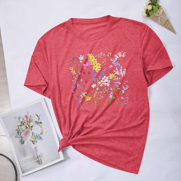 Fiudx Ofertas y Liquidaciones Blusas con Estampado de Flores Pequeñas para Mujer Top de Manga Corta con Cuello Redondo
