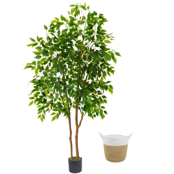 Warmplants 6ft Artificial Ficus Tree with Basket, Fake Green Plant with Lifelike Leaves, Faux Ficus Plant for Indoor Home Office Living Room Bedroom Decor