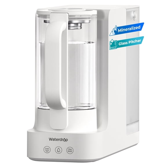 Waterdrop C2SL Countertop Reverse Osmosis Water Filter, [ Mineral Added ],40oz Autofill Glass Pitcher, 7-Stage RO Filtration, 3:1 Pure to Drain, Reduce PFAS/TDS, Compact Design, Installation-Free