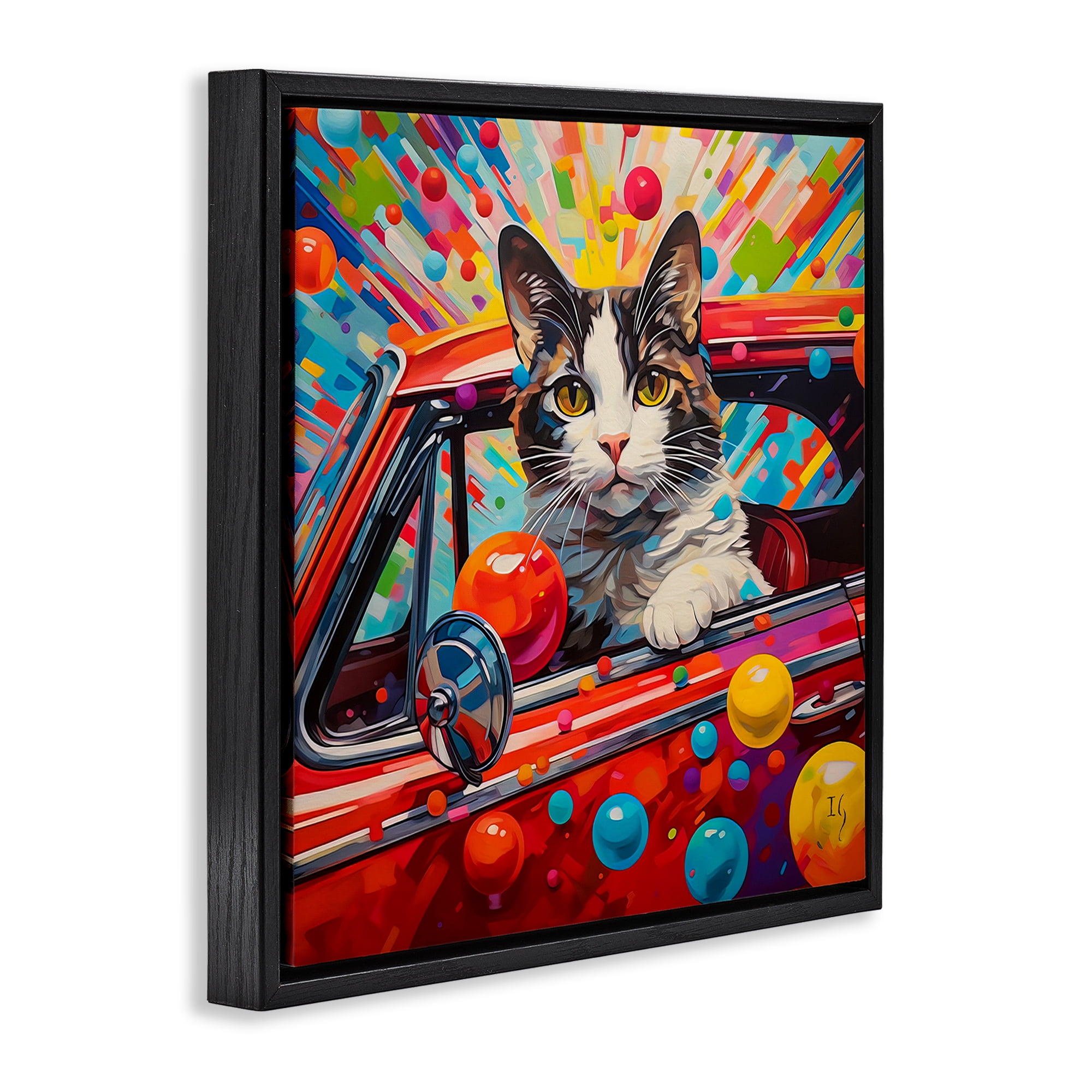 Stupell Industries Driving Cat with Bold Pattern Animals & Insects Painting Black Floater Framed Canvas Art Print Wall Art, 18 x 18