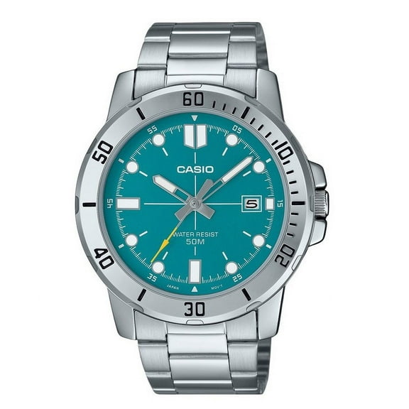 Casio Men’s Silver Stainless Steel Watch with Teal Dial - MTP-VD01D-3E2VUDF