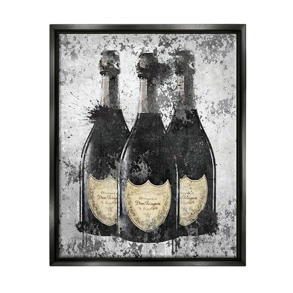 Stupell Industries Champagne Bottles Grey Gold Ink Illustration Jet Black Framed Floating Canvas Wall Art, 16x20, by Amanda Greenwood