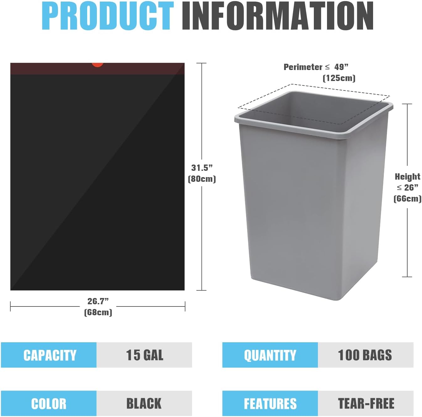 Pre-Separated Drawstring Trash Bags for 15 Gallon Trash Cans, 100 Count, Ultra Strong Black Tall Kitchen Garbage Bags, Tear-Free Large Trash Liners for Lawn & Yard