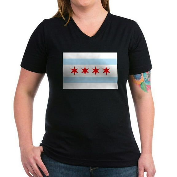 CafePress - Chicago Flag T Shirt - Women's V-Neck Dark T-Shirt
