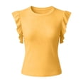 thumbnail image 4 of Womens Ruffle Short Sleeve Shirts Slim Fit High Neck Knit Ribbed Tops Casual Trendy T Shirts Blouses(Yellow,L), 4 of 4