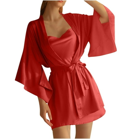 POIUYTR Satin Babydoll Nightdress for Women - Spaghetti Strap Backless Short Dress with Bathrobe Set Valentines Gift for Her  Bridal Set Accessories