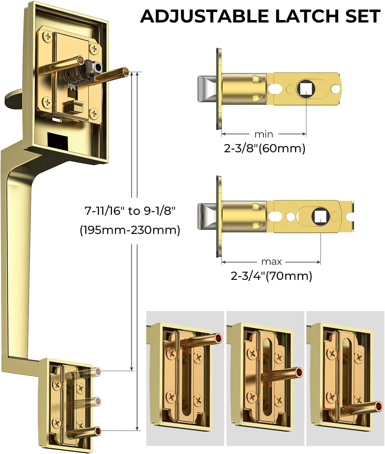 Klamerit Front Door Handle No Lock, Gold Front Door Lock Set with Modern Knob, Adjustable Exterior Entry Handleset, Lower Half Grip