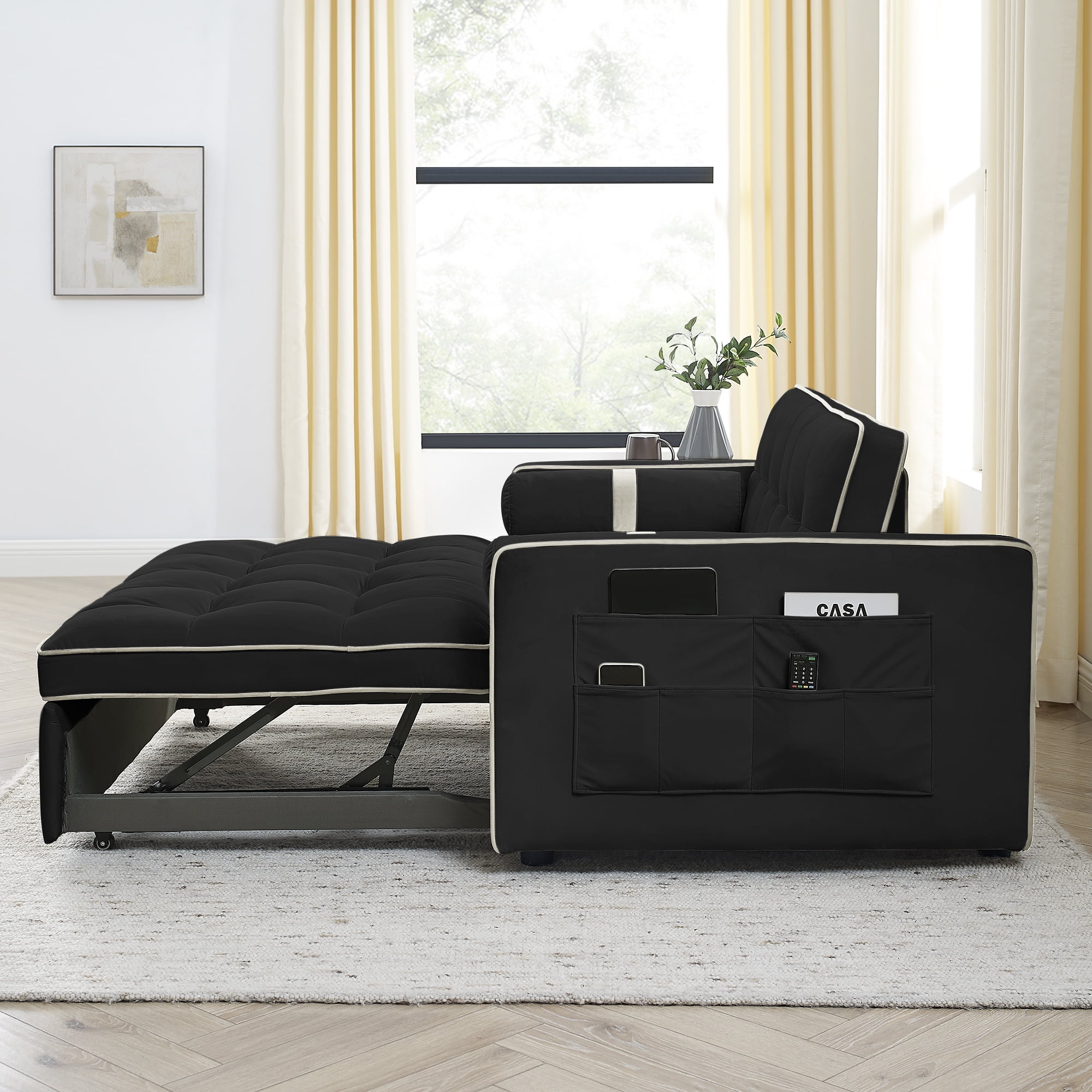 Aukfa Pull Out Sofa Bed, Tufted Convertible Sleeper Sofa Futon Sofa for Home Office, Velvet, Black