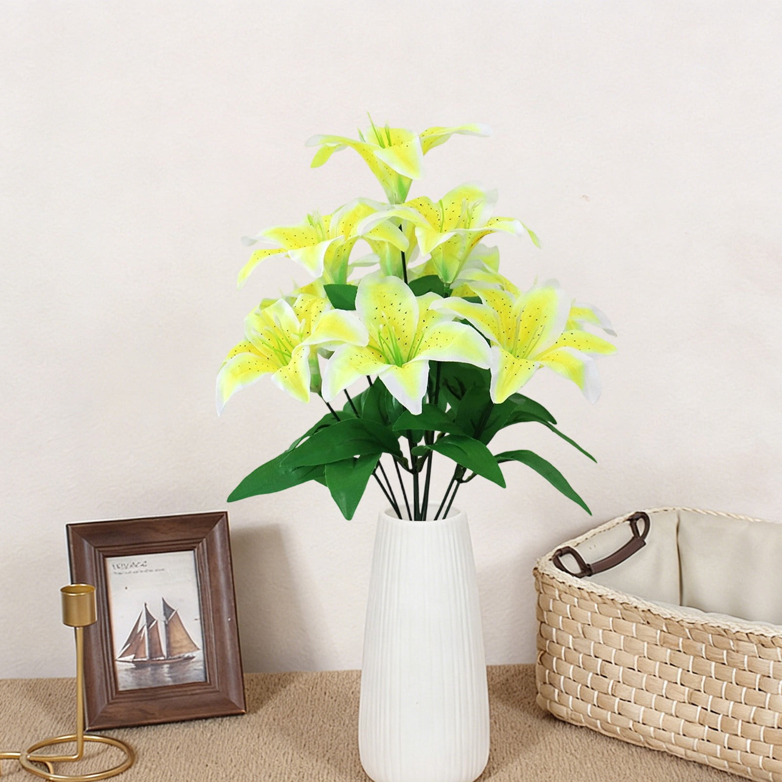 ERTZAE Shop Window Lily Display,Durable Artificial Lilies,Residential Home Floral,Indoor Decorative Lilies,Pink 10-Head Artificial Multi-Leaf Lily Bouquet 18Inch,Realistic Flower Stem for Vase Decor