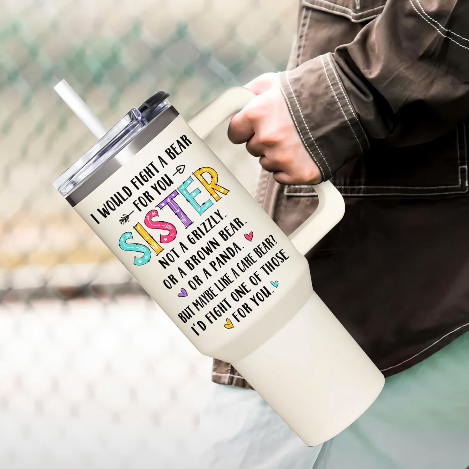 Sisters Gifts From Sister - Birthday Gifts From Sister, Best Friends, Bestie - Christmas, Mothers Day Gift For Women - Gift For Sisters in law - Funny 40Oz Tumbler With Handle & Straw