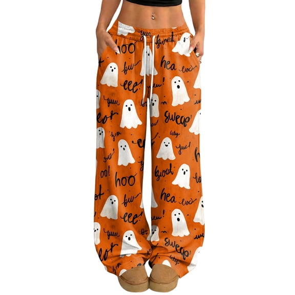 Hearthz Flannel Pajama Pants Ghost Jack-O Bat Print Women Pajamas Fleece Pajama Pants Drawstring Elastic Waist Wide Leg Pajamas Pants for Women